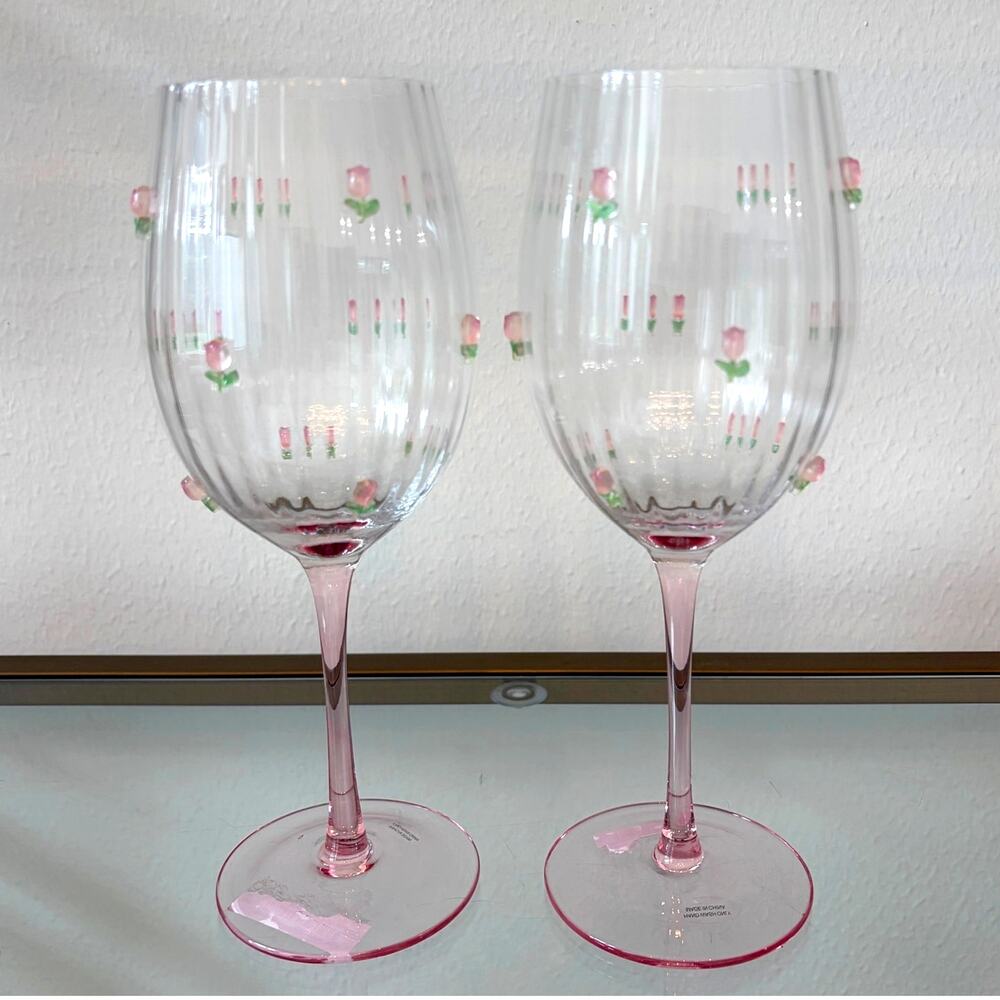 Jeweled Pink Rose Stemmed Wine Glass Set of 2 Chic Spring Floral Barware NEW